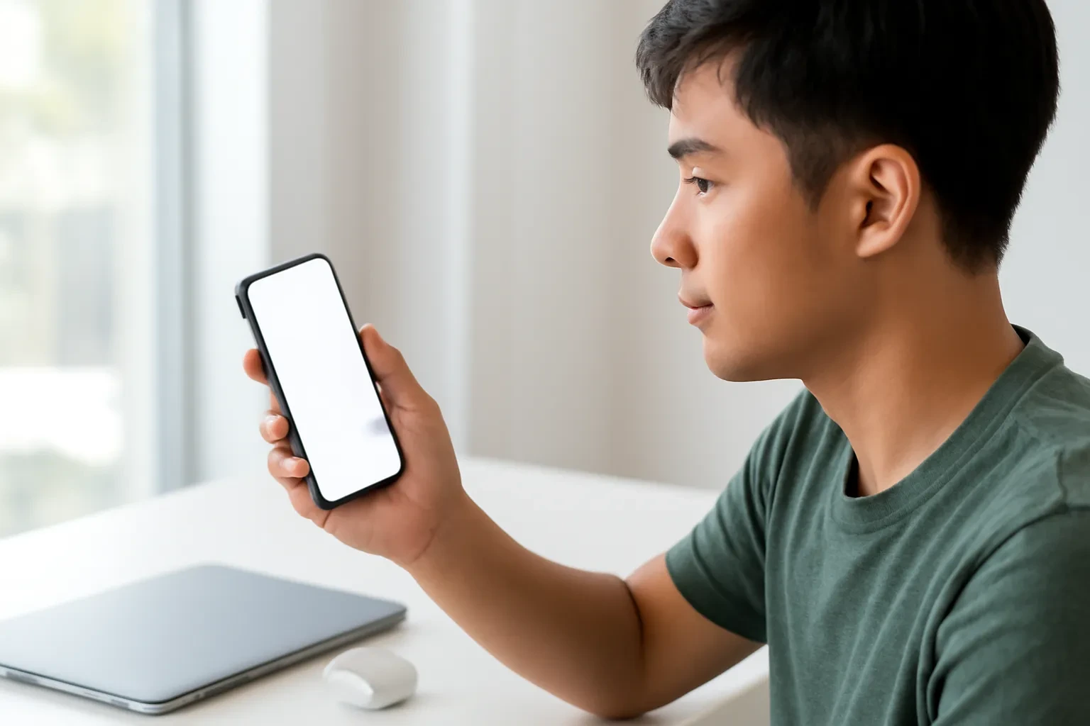 Bàn tay cầm điện thoại cạnh máy tính xách tay đóng và hộp tai nghe trên bàn trắng