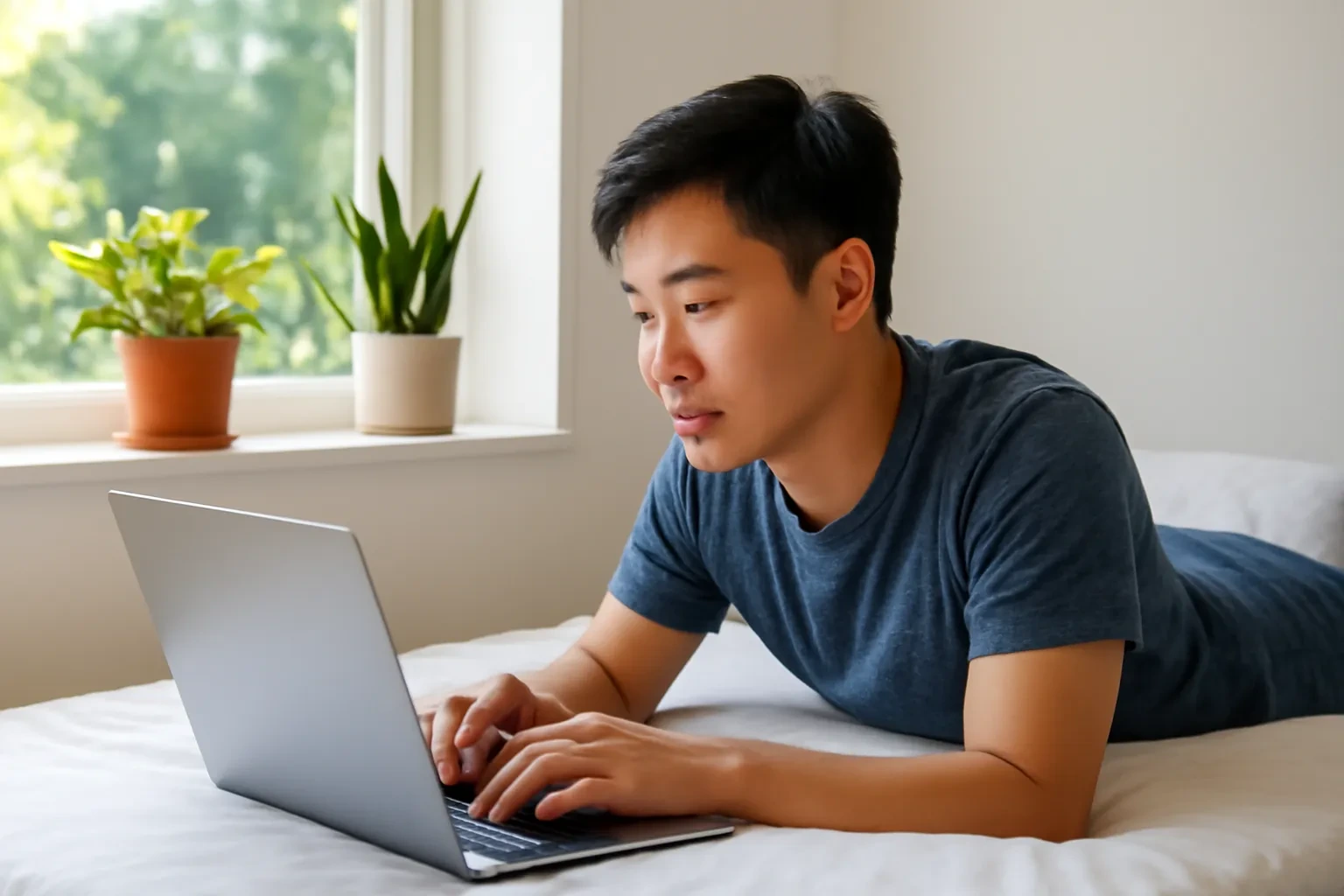 Sinh viên nằm trên giường ký túc xá đọc bài trên máy tính xách tay, bậu cửa sổ có chậu cây xanh