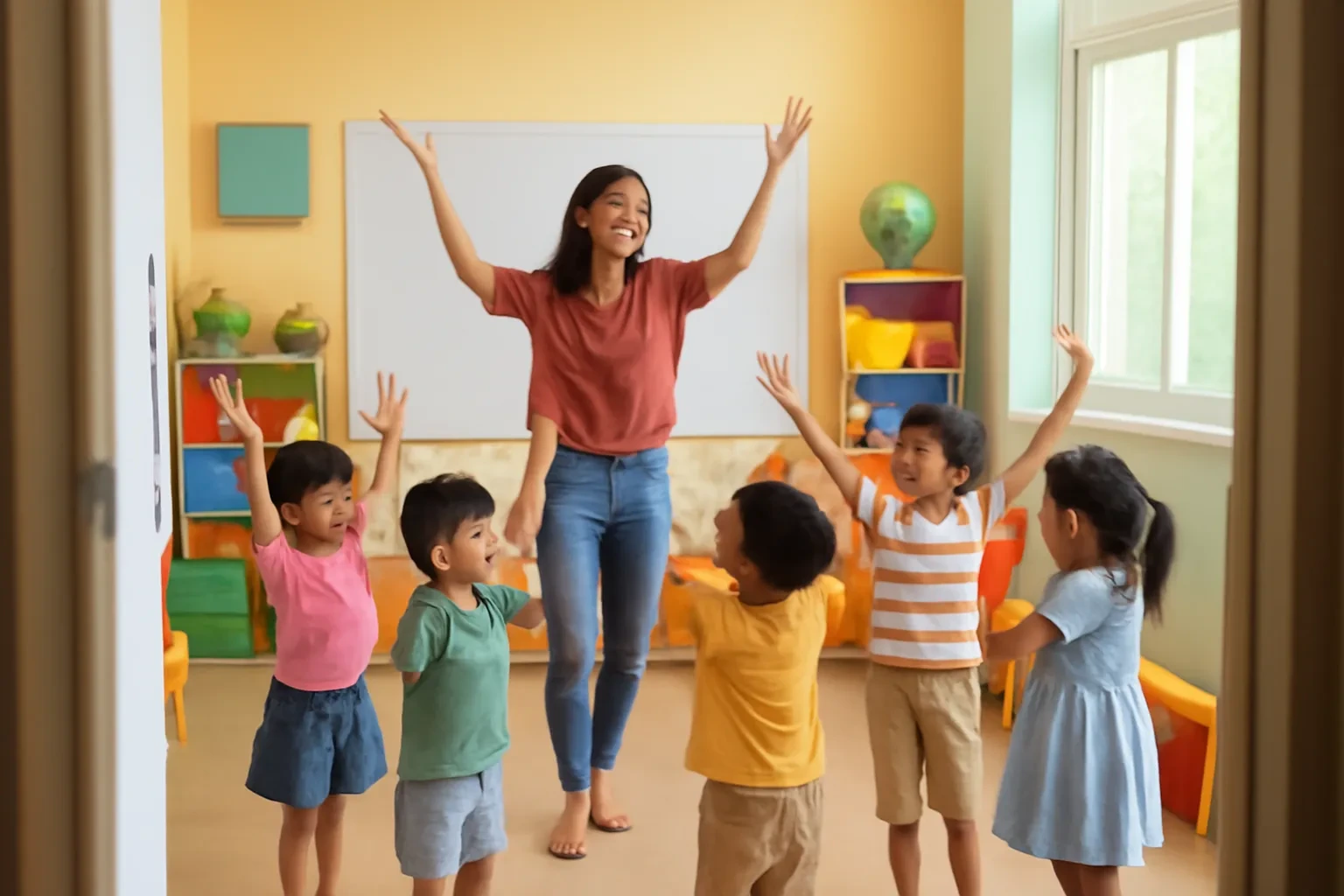 Cô giáo mầm non cùng năm bé giơ tay hát bài hát có động tác trong lớp học