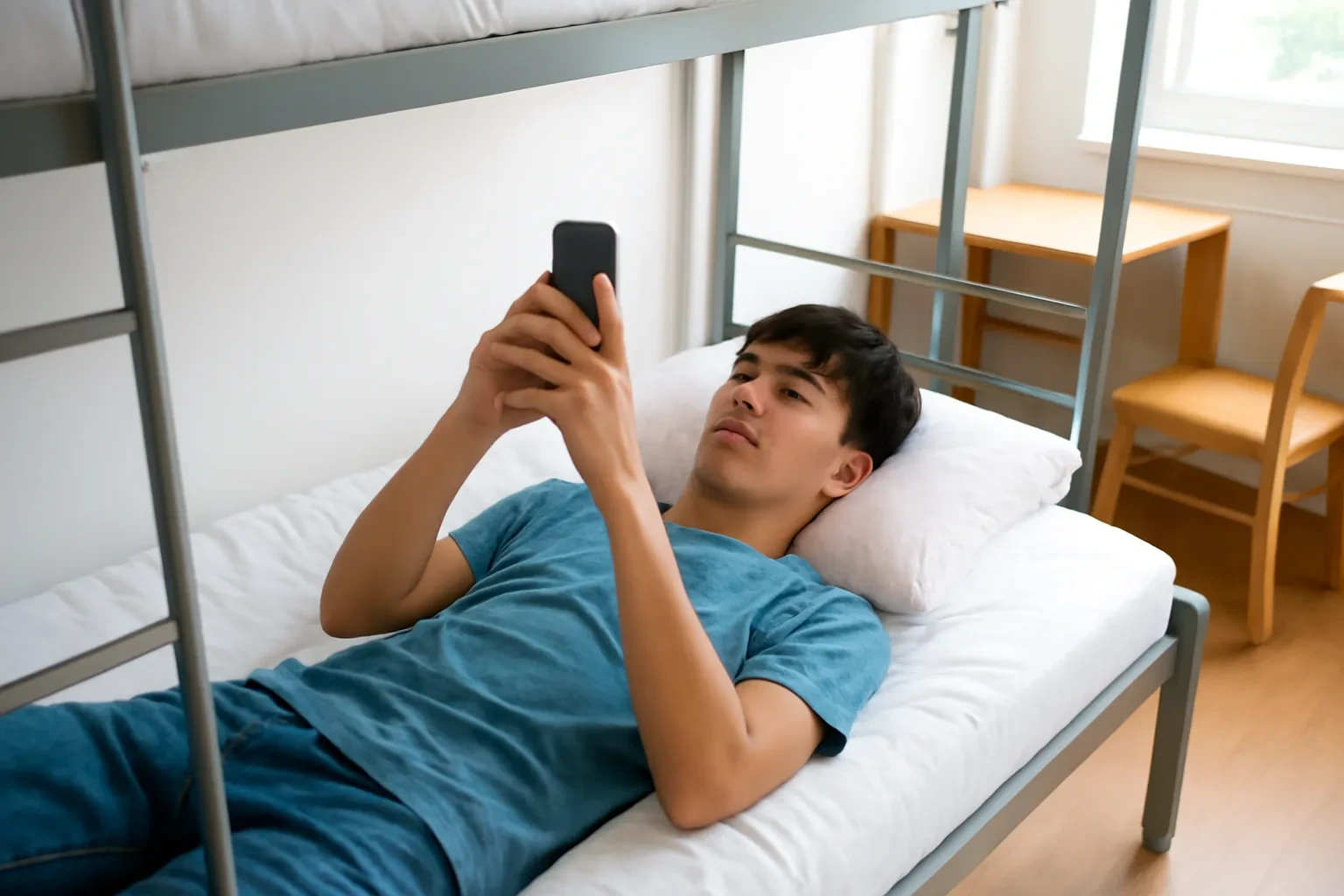 Cậu thiếu niên nằm trên giường tầng trong phòng ký túc xá sáng sủa, cầm điện thoại học bài