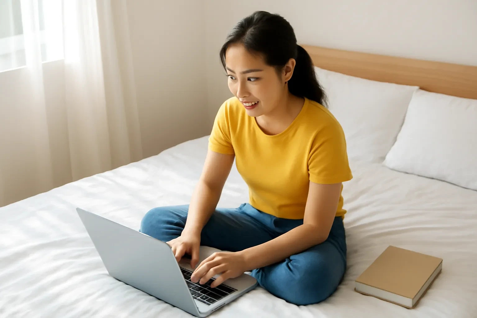 Cô gái ngồi trên giường với máy tính và cuốn giáo trình, đang soạn bài tập ôn cho mình