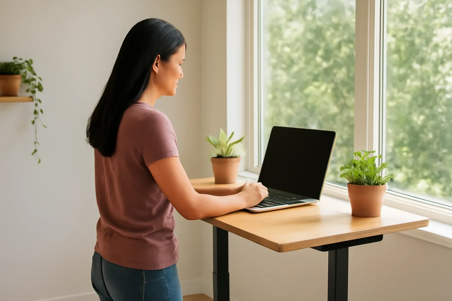 Cô gái đứng bên bàn làm việc cạnh cửa sổ lớn đầy nắng, xếp lộ trình học trên máy tính