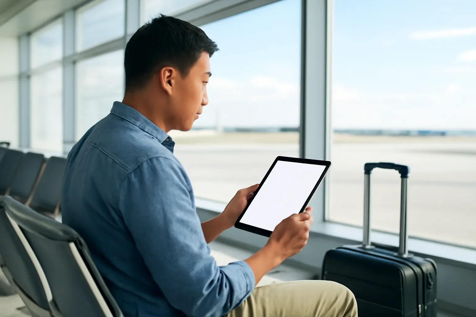 Người đàn ông ngồi ở khu chờ sân bay đầy nắng, đeo tai nghe ôn bài trên máy tính bảng