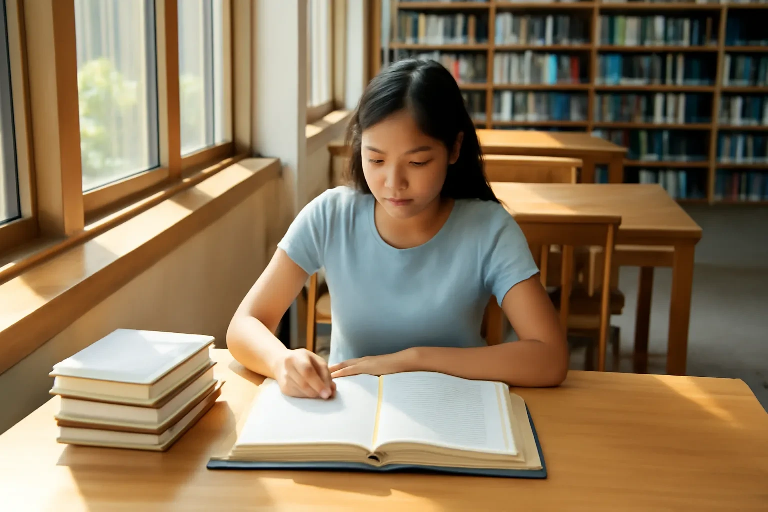 Cô gái ngồi học một mình bên bàn gỗ dài trong thư viện, cạnh chồng sách và cuốn từ điển lớn