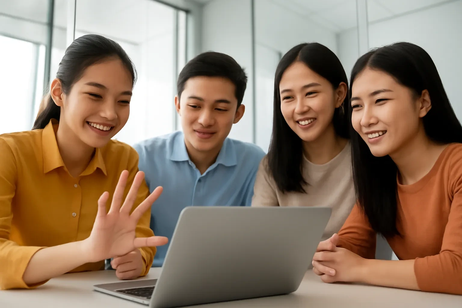 Bốn giáo viên trẻ quây quanh máy tính trong phòng họp nhỏ, một người đếm trên đầu ngón tay