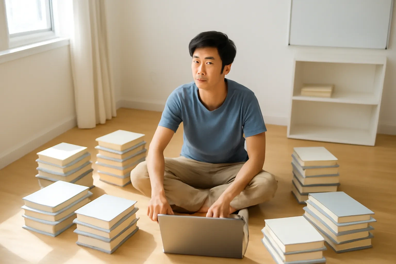 Chàng trai trẻ ngồi trên sàn căn hộ nhỏ sáng sủa, xung quanh là chồng sách gập gọn gàng và máy tính quay lưng