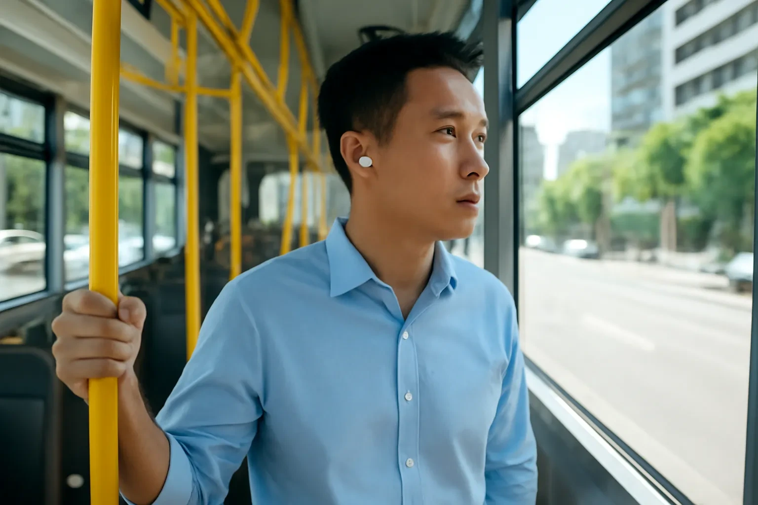 Nhân viên văn phòng đứng trên xe buýt, đeo tai nghe không dây, tranh thủ nghe bài trên đường đi làm