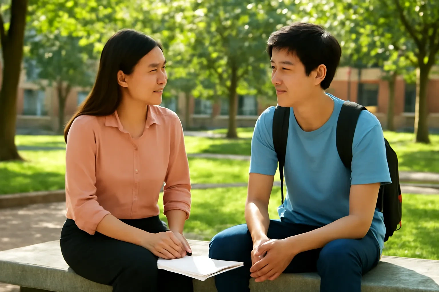 Thầy giáo và học sinh ngồi trò chuyện trên ghế đá dưới tán cây sân trường