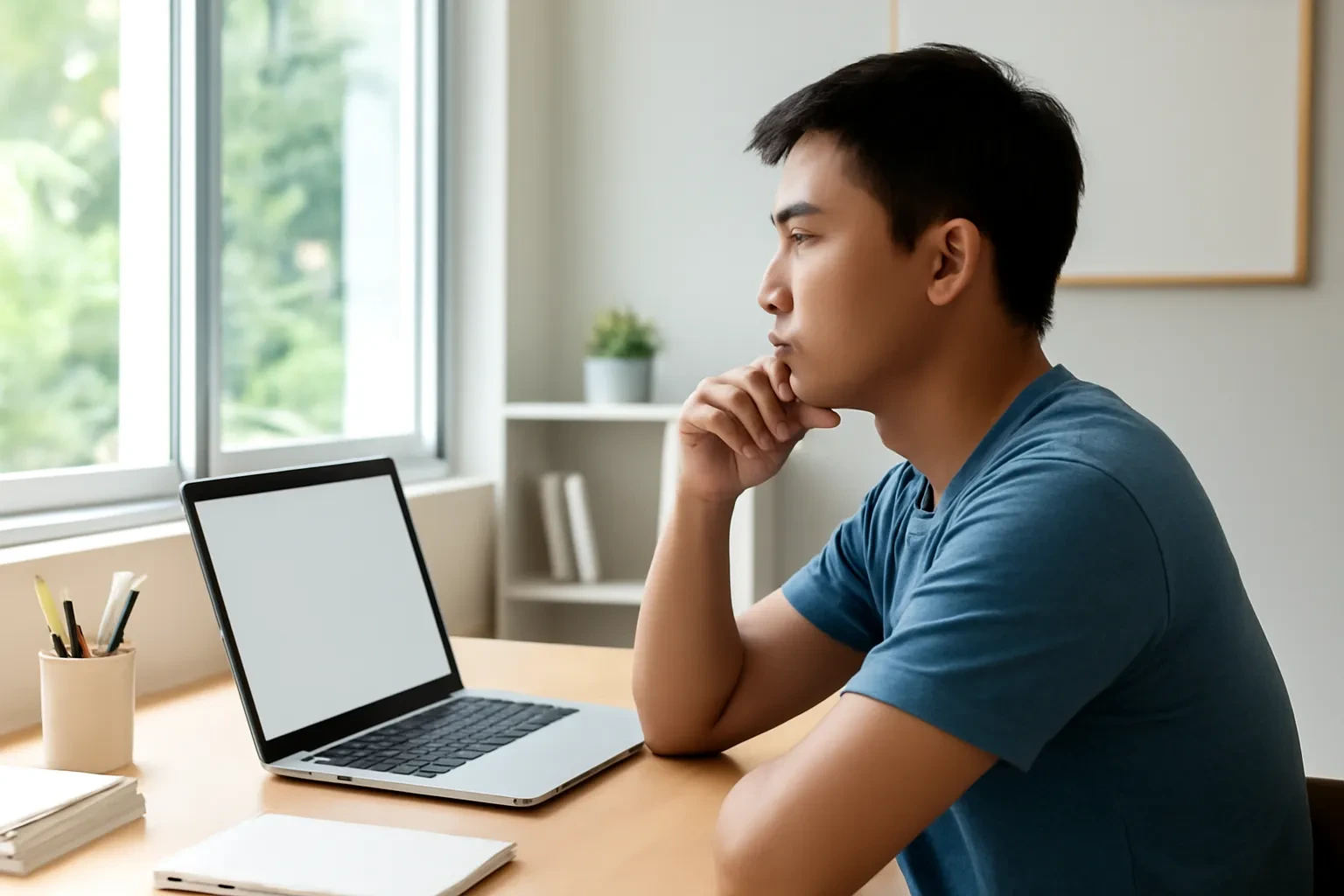Chàng trai ngồi bàn học tại nhà, nhìn màn hình máy tính và cân nhắc chọn giáo trình