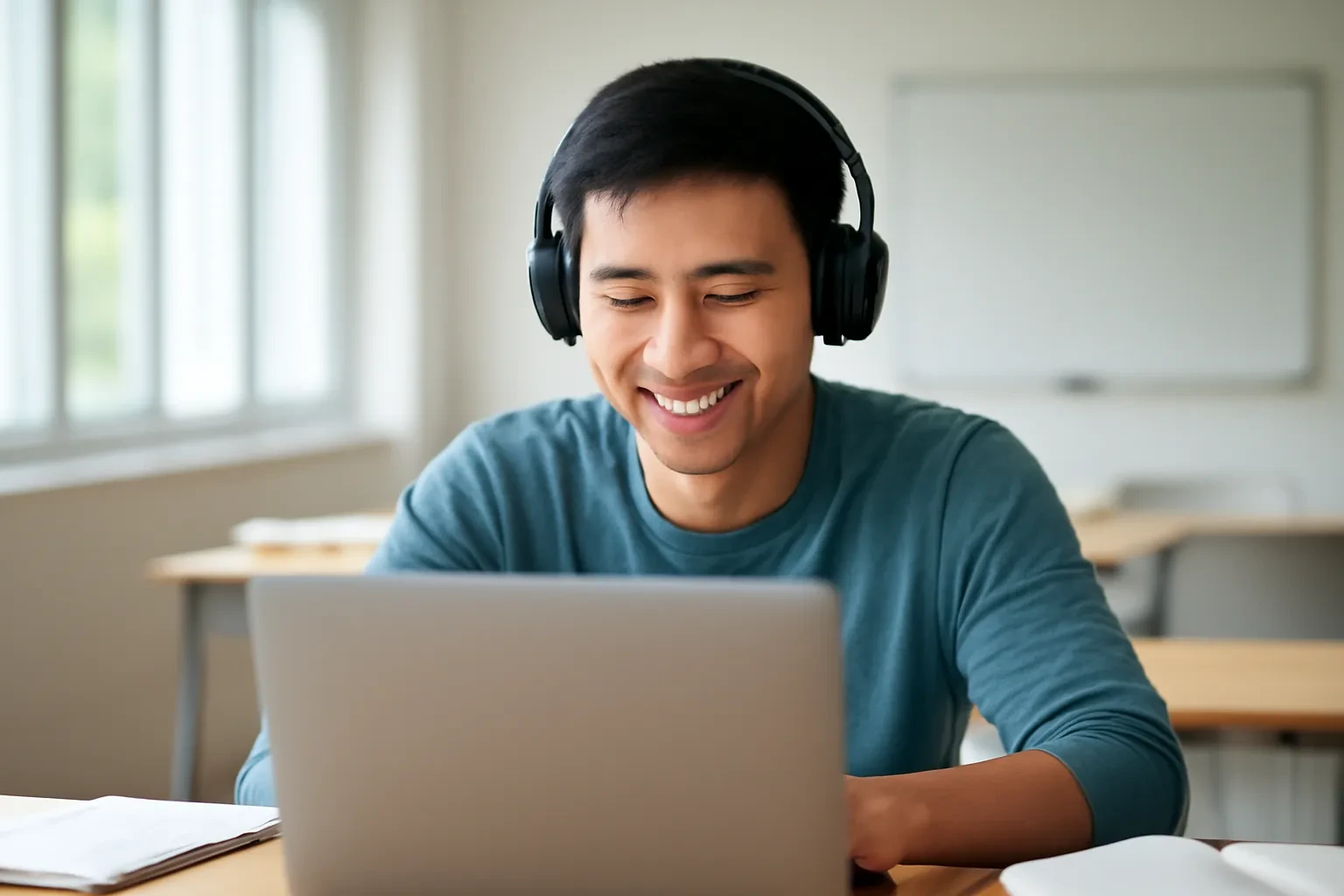 Chàng trai đeo tai nghe chăm chú xem video học trên máy tính trong phòng tự học
