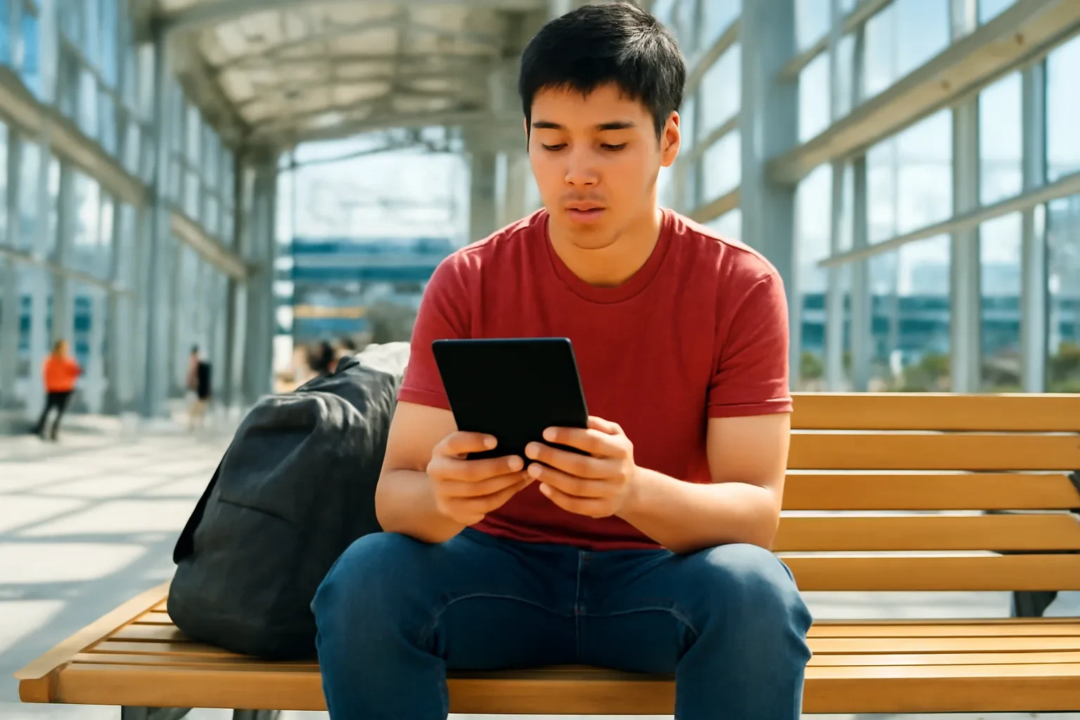 Nam sinh viên ngồi ghế chờ trong nhà ga đầy nắng, chăm chú đọc trên máy đọc sách