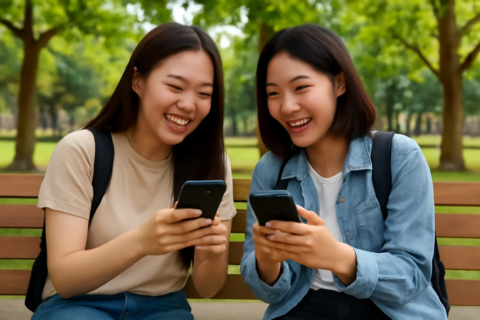 Hai bạn sinh viên ngồi ghế đá dưới tán cây, so sánh ứng dụng học trên điện thoại
