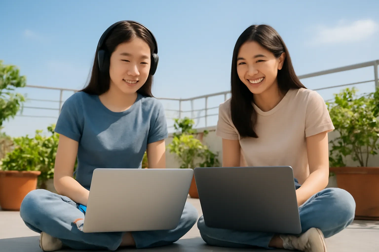 Hai nữ sinh ngồi trên sân thượng ký túc xá, so sánh hai máy tính để lọc đề luyện thi trước khi làm