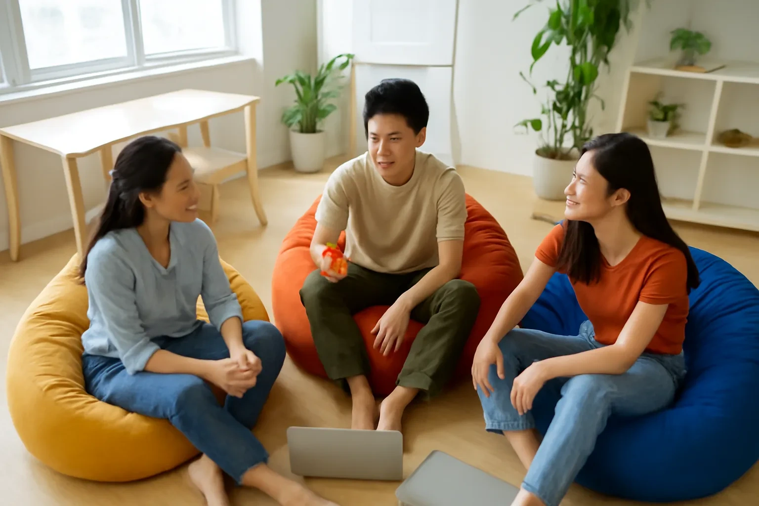 Ba bạn trẻ ngồi trên ghế lười trong không gian làm việc chung, đang tranh luận sôi nổi