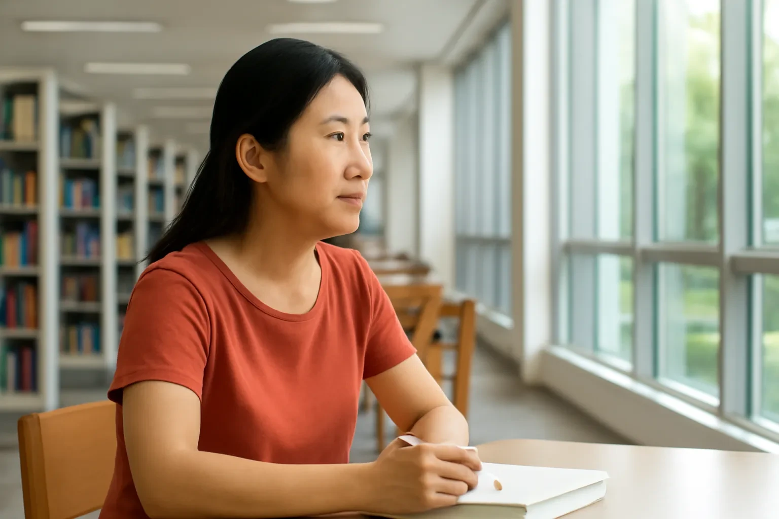 Một phụ nữ ngồi trong phòng đọc thư viện công cộng nhiều cửa sổ, đang tập trung chuẩn bị cho kỳ thi