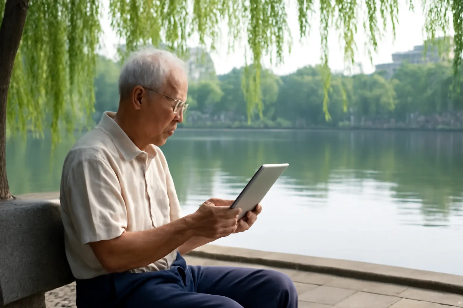 Ông cụ ngồi ghế đá bên bờ hồ dưới hàng liễu, đọc sách trên máy tính bảng buổi sớm