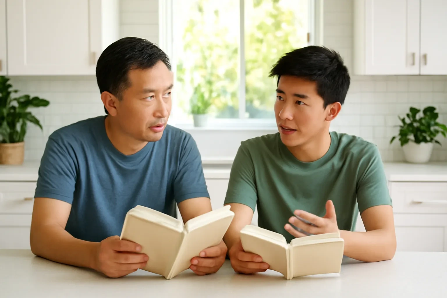 Hai cha con ngồi ở quầy bếp sáng sủa, cùng so hai cuốn giáo trình trước khi chọn học