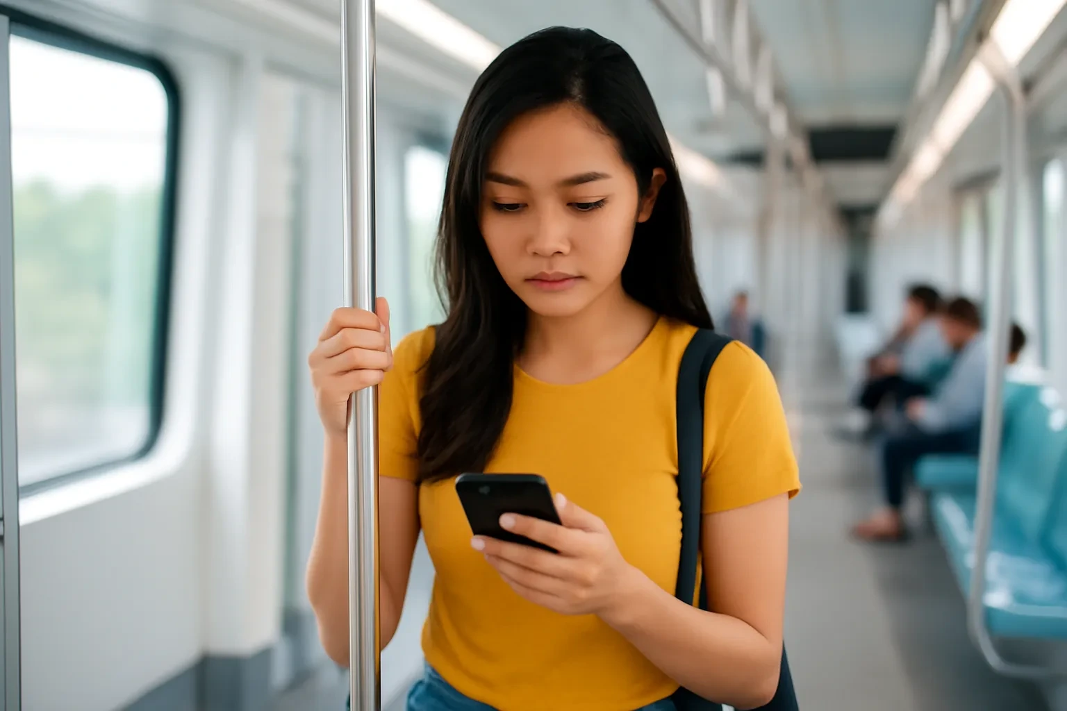Cô gái đứng trên tàu metro sáng sủa, cầm điện thoại đọc sách trên đường đi
