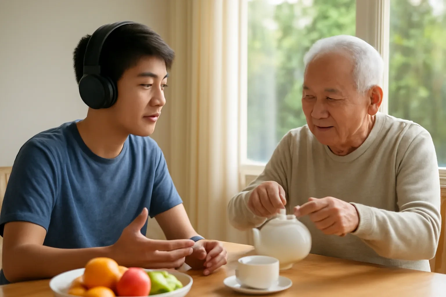 Cậu thiếu niên đeo tai nghe luyện nói bên bàn ăn gia đình, ông ngồi cạnh rót trà