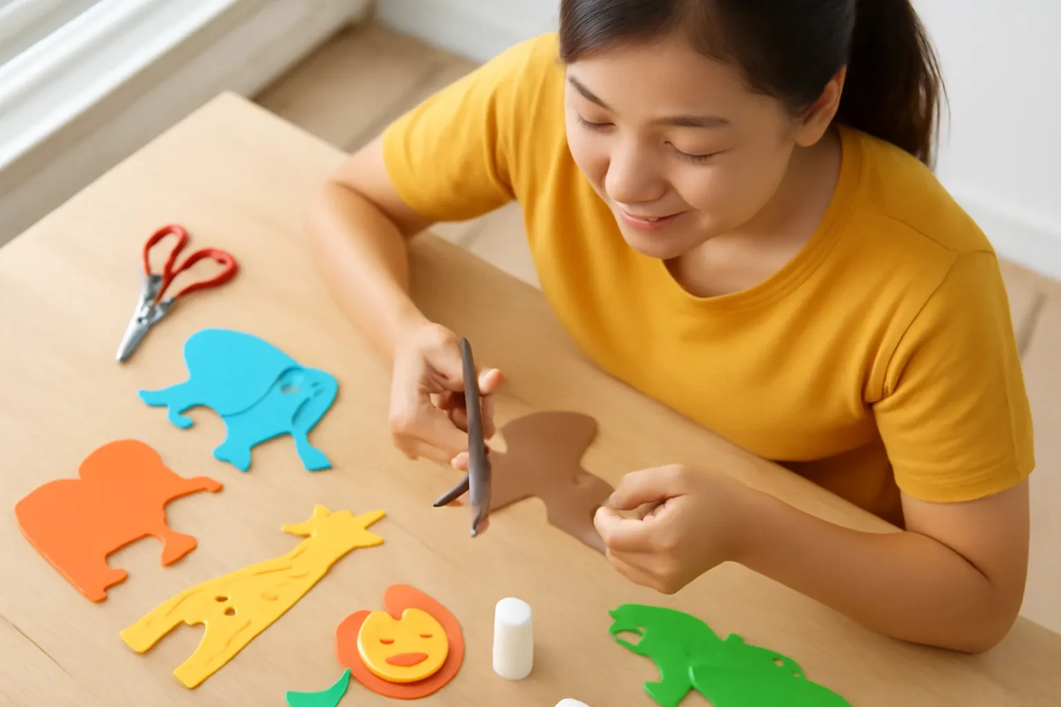 Cô giáo mầm non cắt hình con vật bằng bìa màu trên bàn làm đồ thủ công