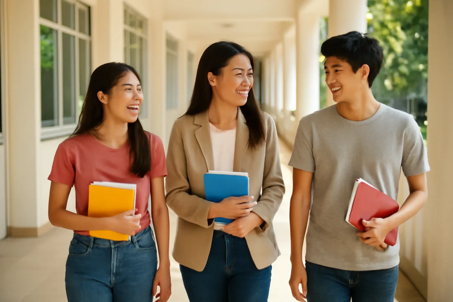 Giảng viên trẻ và hai sinh viên ôm giáo trình đi dọc hành lang trường đại học đầy nắng