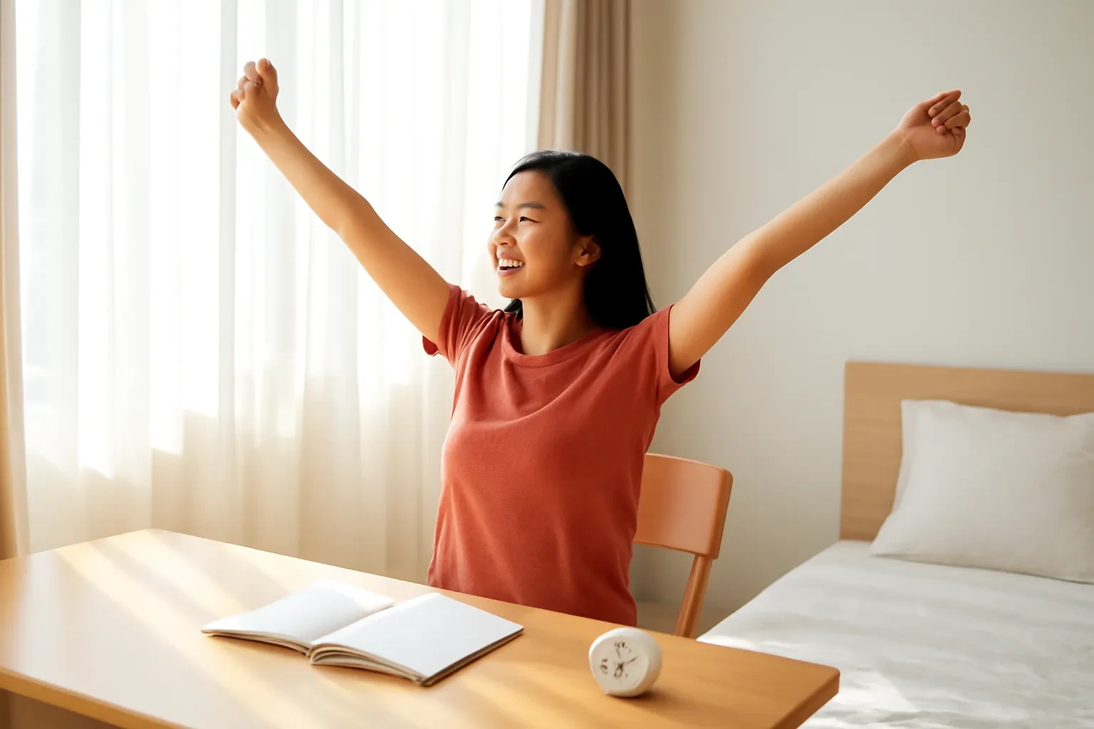 Cô gái vươn vai nghỉ giữa giờ bên bàn học trong phòng ngủ đầy nắng sớm