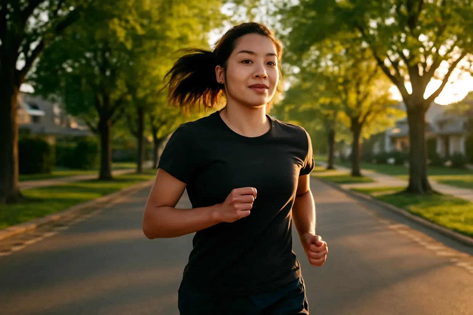 Cô gái chạy bộ buổi sáng trên con phố rợp cây, đeo tai nghe không dây
