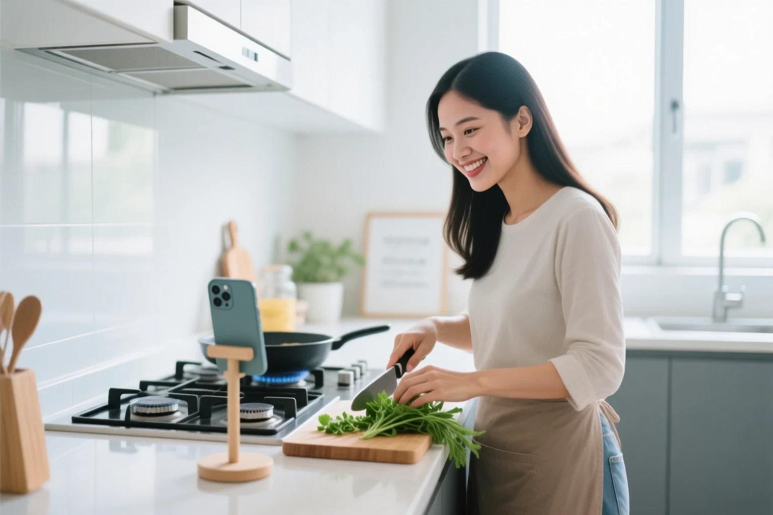 Người phụ nữ vui vẻ nấu ăn trong căn bếp sáng, vừa thái rau thơm vừa xem video trên điện thoại