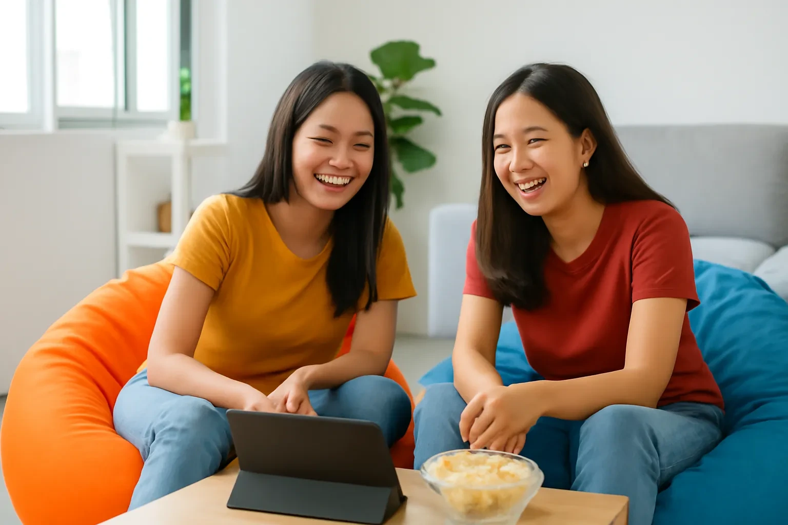Hai bạn trẻ ngồi ghế lười cười vui khi xem phim trên máy tính bảng trong căn hộ sáng sủa