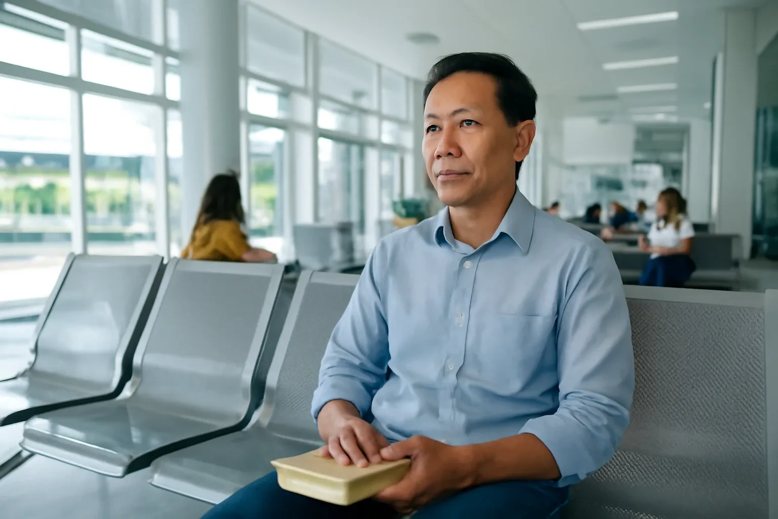 Người đàn ông trung niên ngồi chờ ở bến xe khách, cầm cuốn sách gập lại và đeo tai nghe
