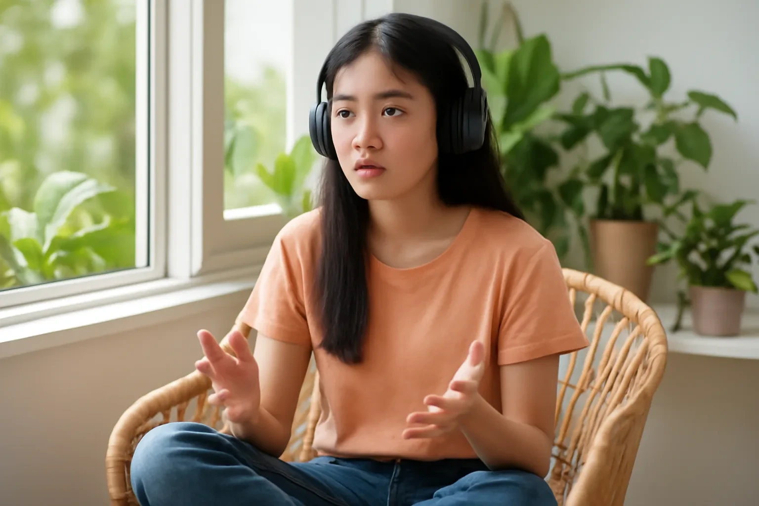 Cô gái tuổi teen ngồi xếp bằng trên ghế mây cạnh cửa sổ mở, đeo tai nghe và đọc nhại theo câu vừa nghe