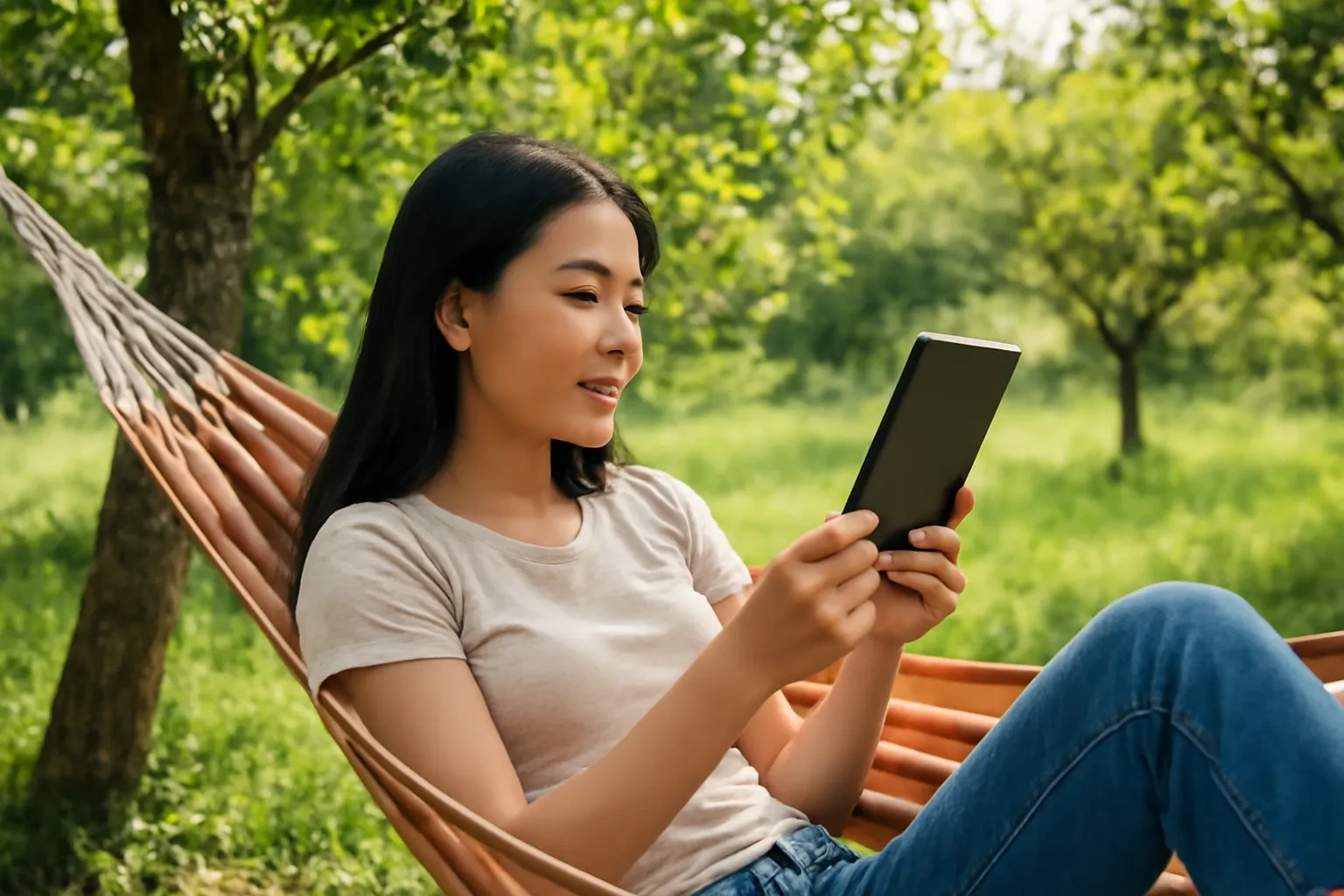 Cô gái nằm võng giữa vườn cây ăn trái ở quê, đọc sách trên máy đọc sách điện tử
