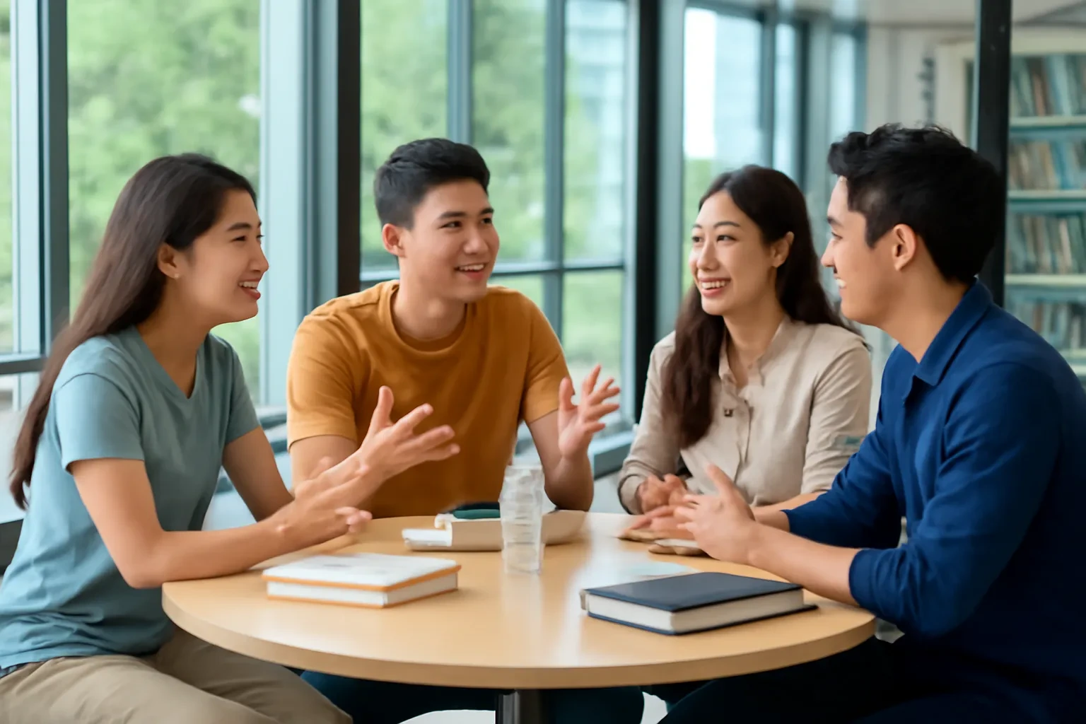 Bốn bạn trẻ trò chuyện quanh bàn tròn trong phòng học nhóm vách kính của thư viện