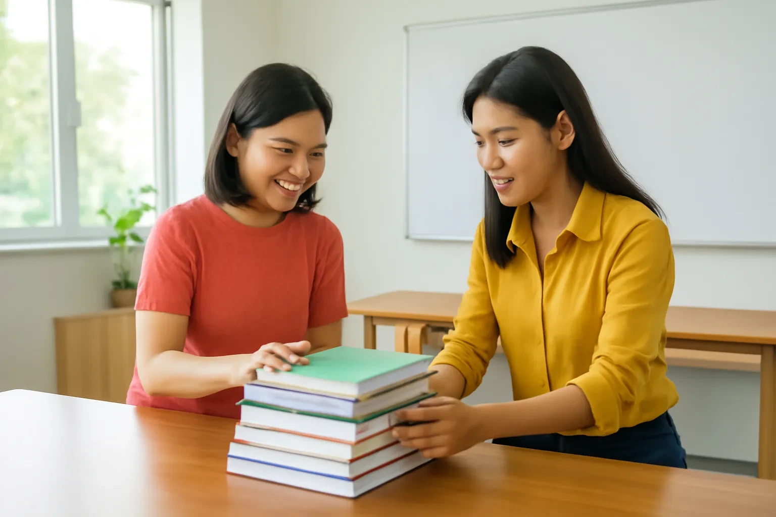 Hai giáo viên trong phòng giáo viên cùng so sánh chồng sách giáo trình trên bàn gỗ