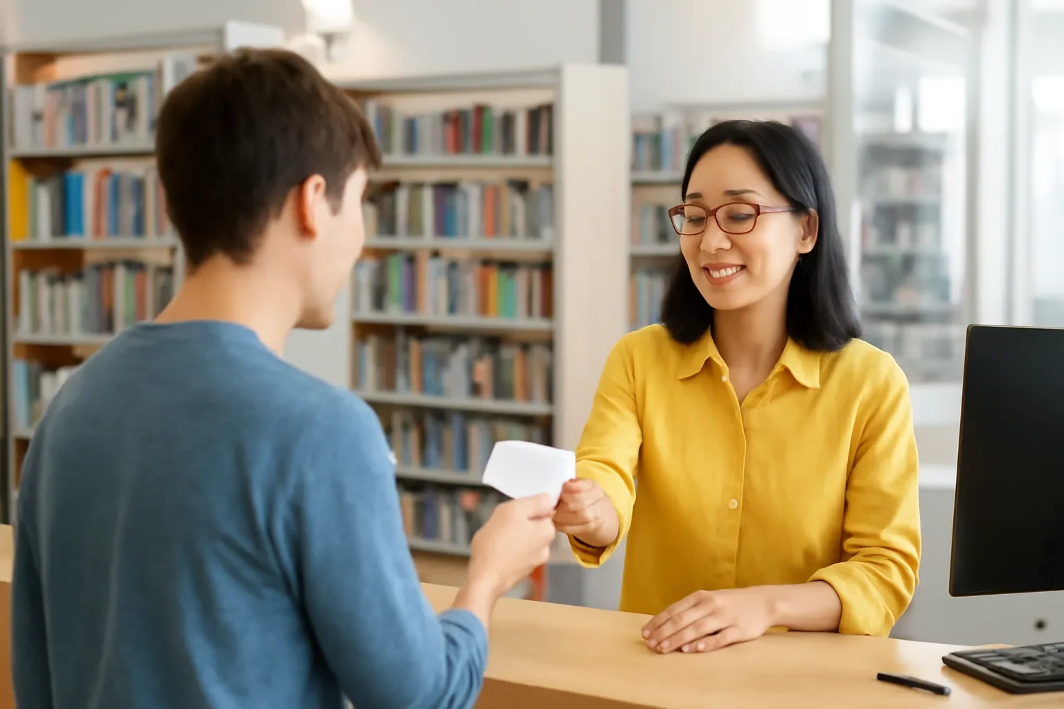 Thủ thư trao thẻ cho chàng trai tại quầy thư viện sáng sủa, phía sau là các kệ sách cao
