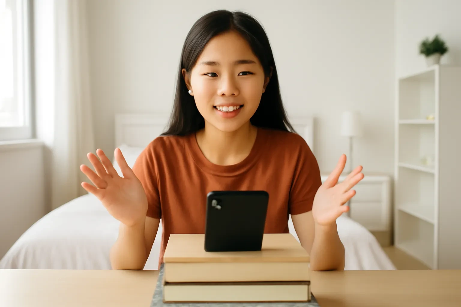 Cô bé tự ghi hình mình nói bằng điện thoại kê trên chồng sách trong phòng sáng