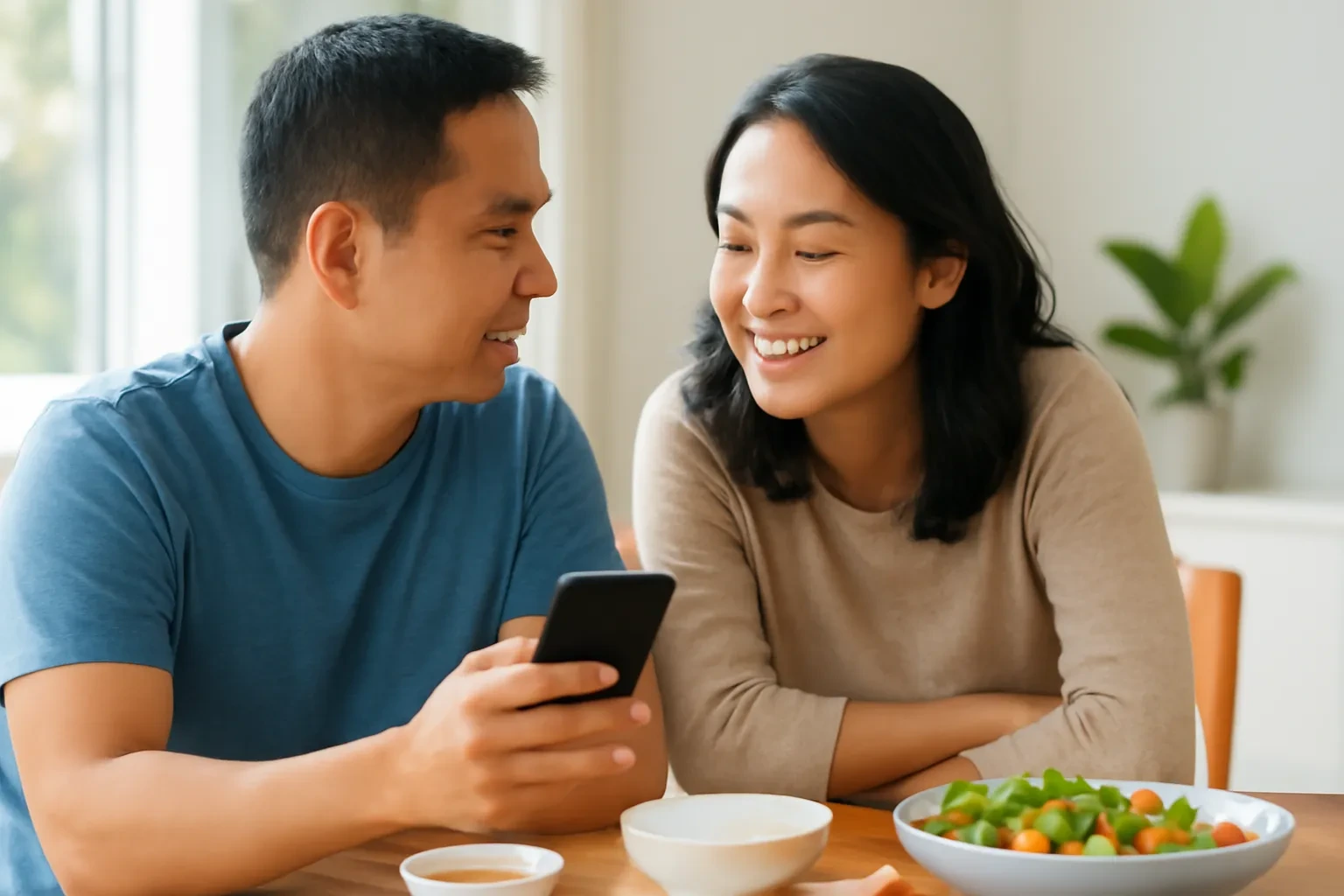 Hai vợ chồng ngồi bên bàn ăn trao đổi khi xem điện thoại