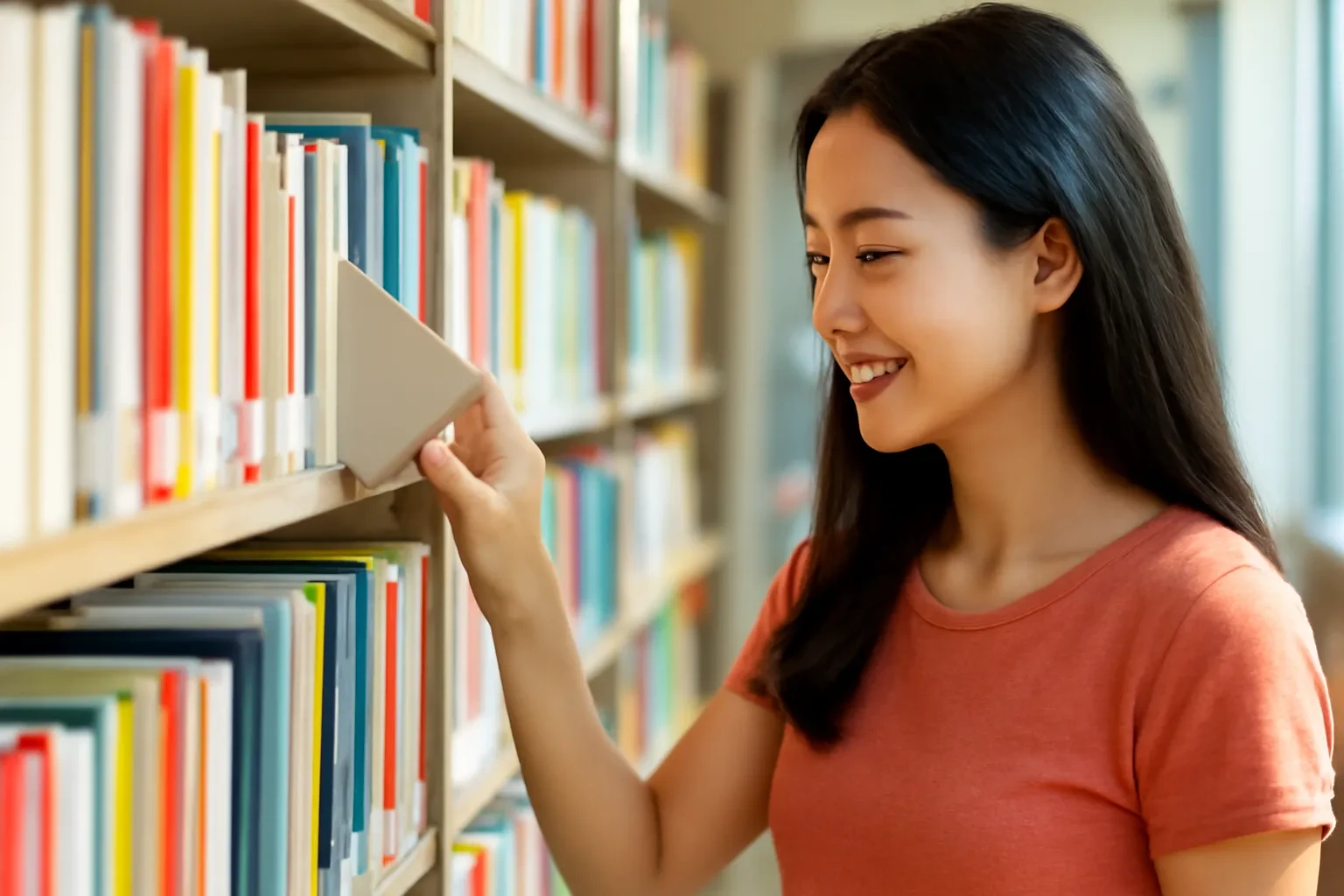Cô gái rút một cuốn sách mỏng từ kệ sách nhiều màu trong thư viện đầy nắng
