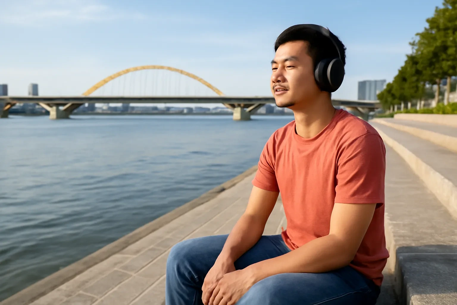 Chàng trai ngồi trên bậc kè bờ sông, nhắm mắt nghe qua tai nghe chụp tai, phía sau là cây cầu