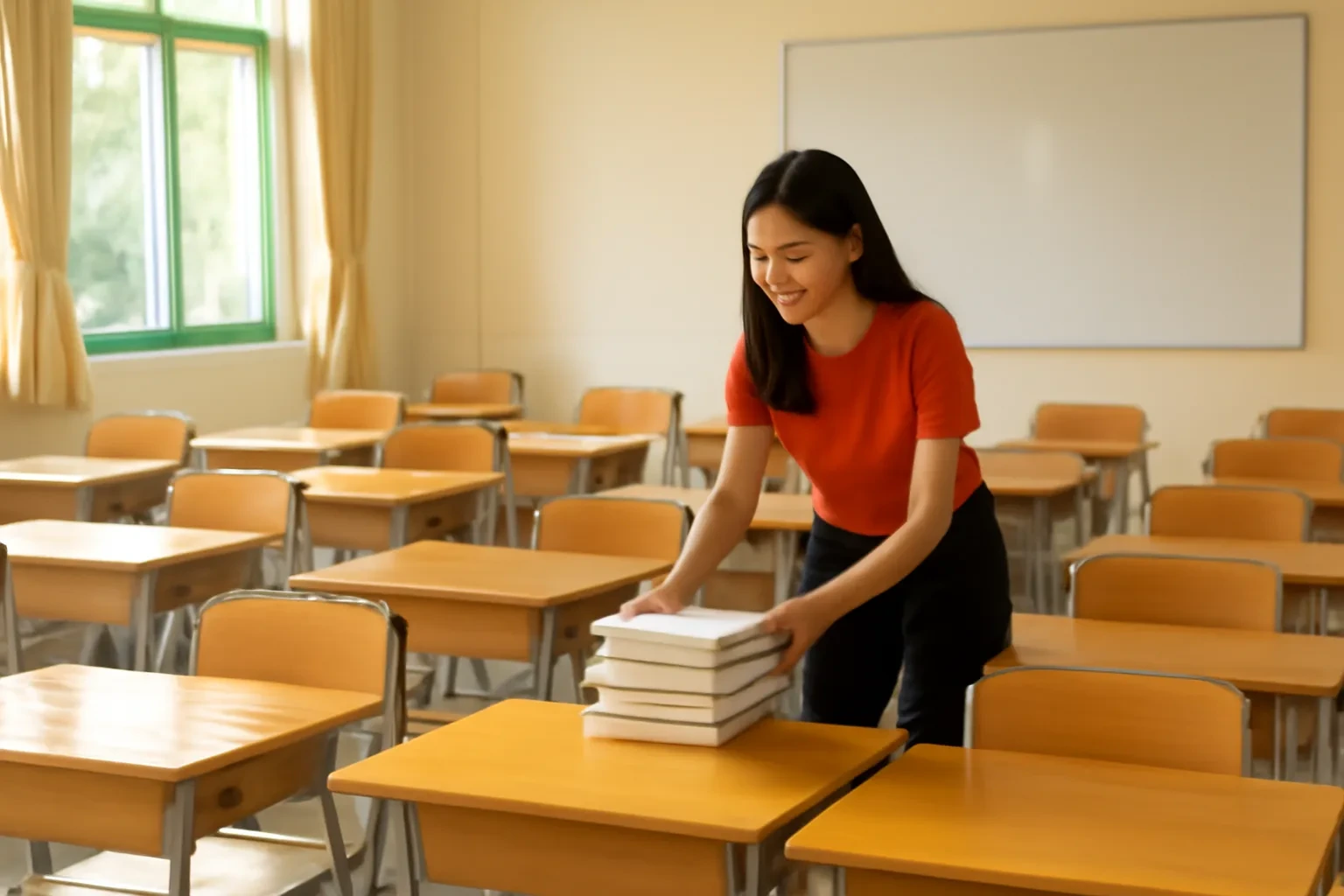 Cô giáo tiểu học xếp sách lên bàn học sinh trong lớp học vắng sau giờ tan