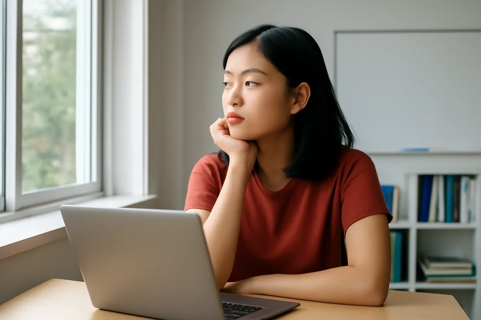 Cô giáo trẻ ngồi một mình bên cửa sổ phòng giáo viên, suy nghĩ trước máy tính