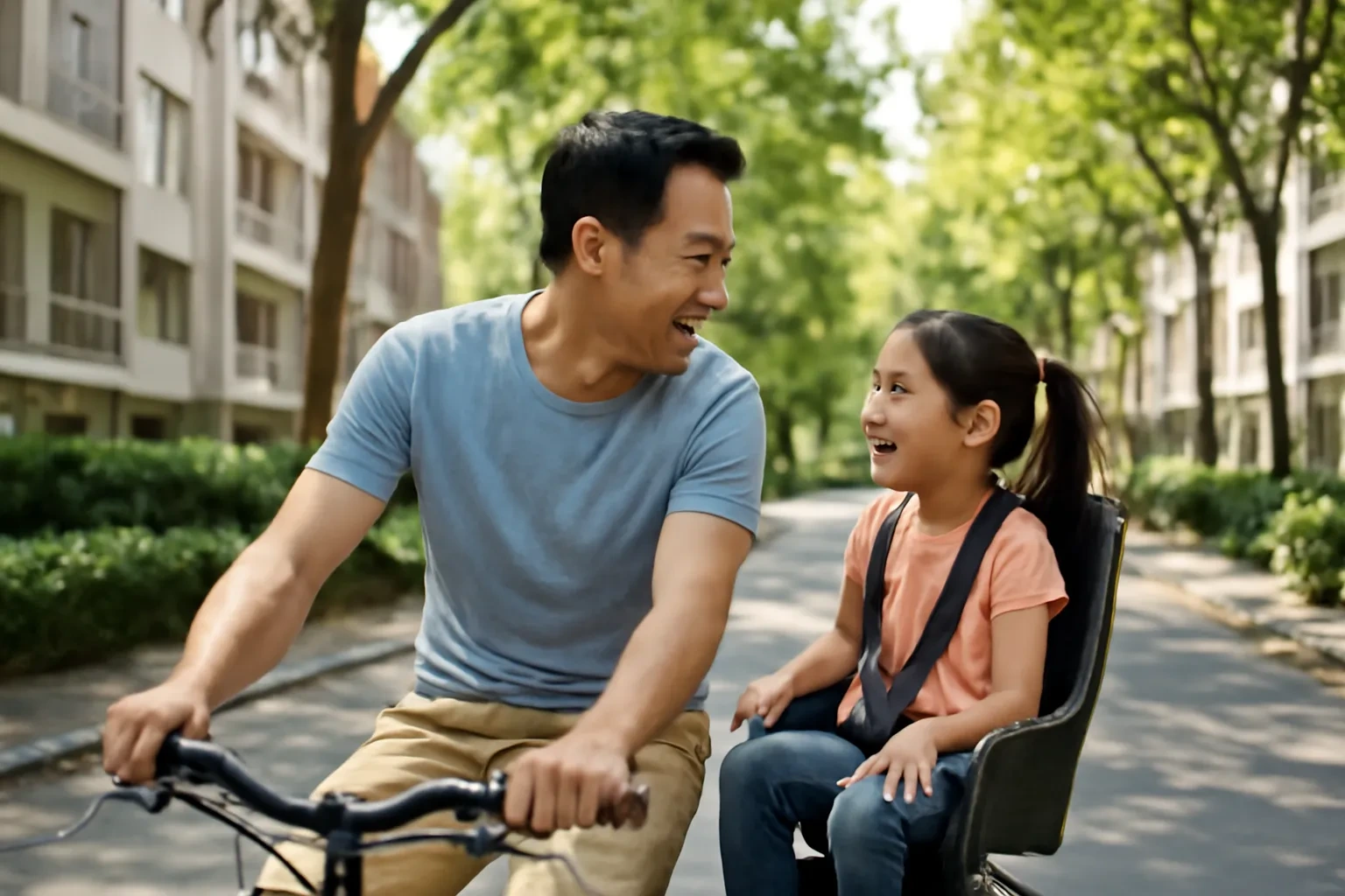 Bố đạp xe chở con gái ngồi ghế sau, hai bố con vừa đi vừa trò chuyện vui vẻ
