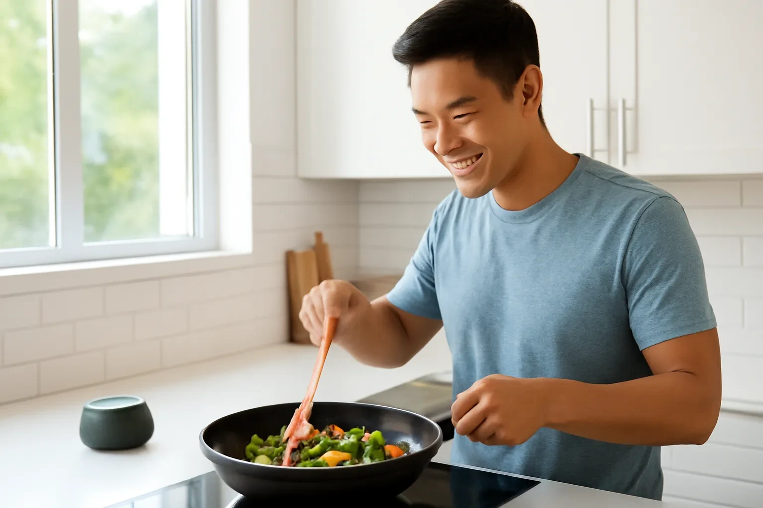 Người cha trẻ đảo rau trong căn bếp sáng sủa, chiếc loa nhỏ đặt trên bàn bếp phát chương trình nghe