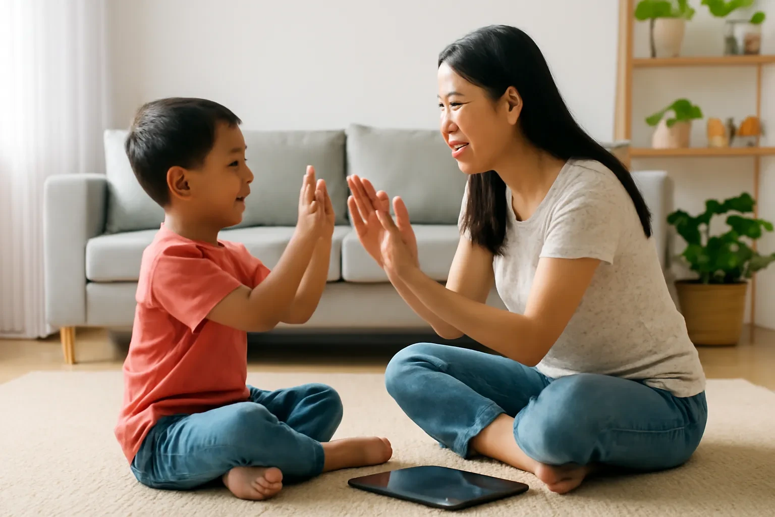 Mẹ và con trai ngồi trên thảm phòng khách vỗ tay cùng nhau, máy tính bảng úp xuống bên cạnh