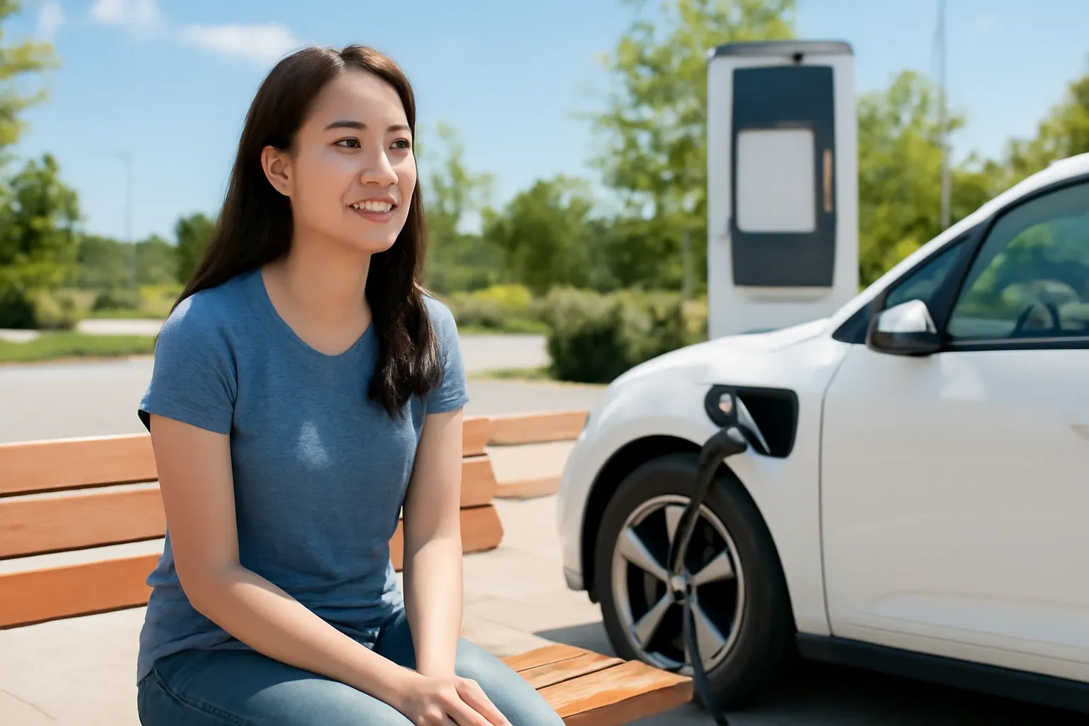 Cô gái ngồi chờ ở trạm sạc xe điện, đeo tai nghe không dây tranh thủ nghe bài