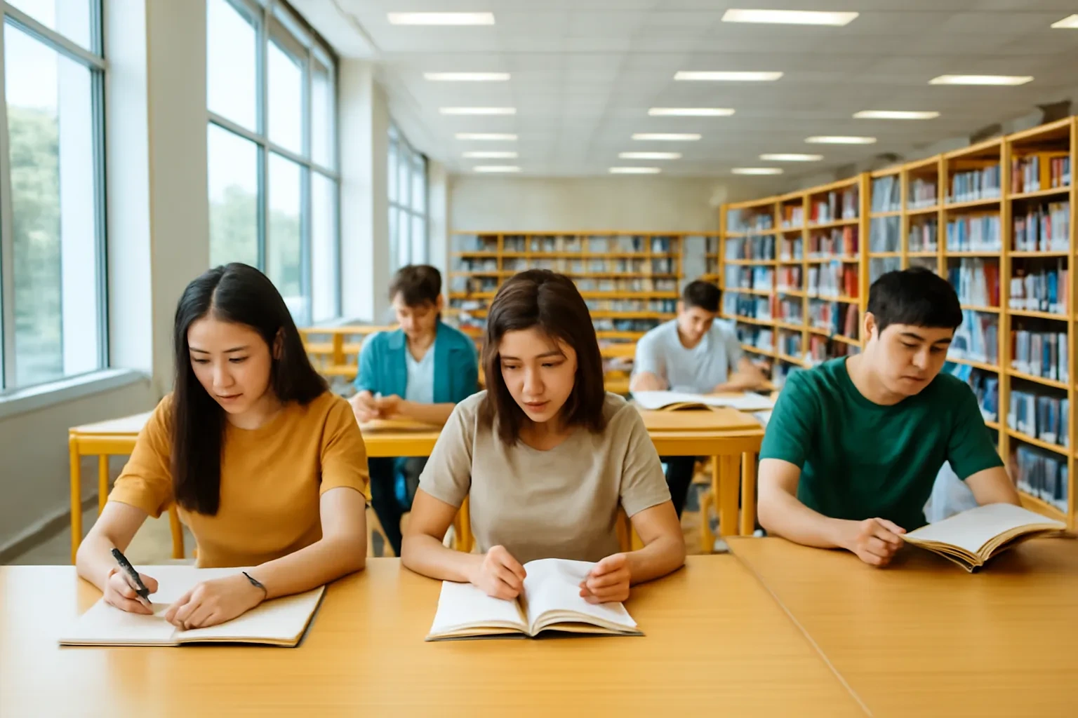 Phòng đọc rộng sáng của thư viện công cộng, nhiều bạn trẻ ngồi học ở bàn gỗ dài