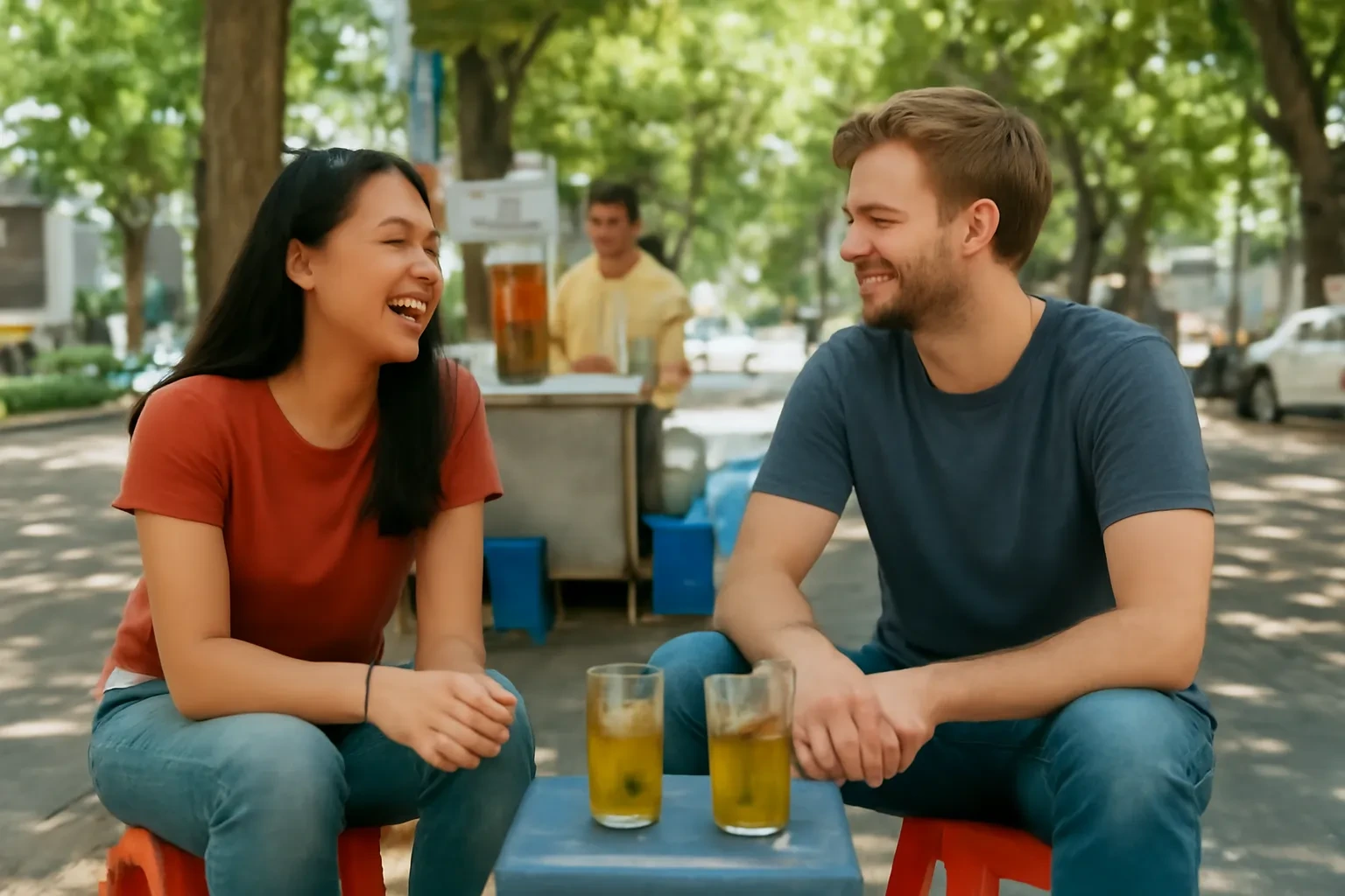 Cô gái Việt và chàng trai nước ngoài trò chuyện bên quán trà đá vỉa hè dưới tán cây