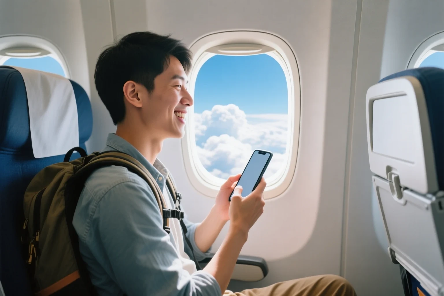 Người đi du lịch ngồi cạnh cửa sổ máy bay, cầm điện thoại tra từ khi không có mạng