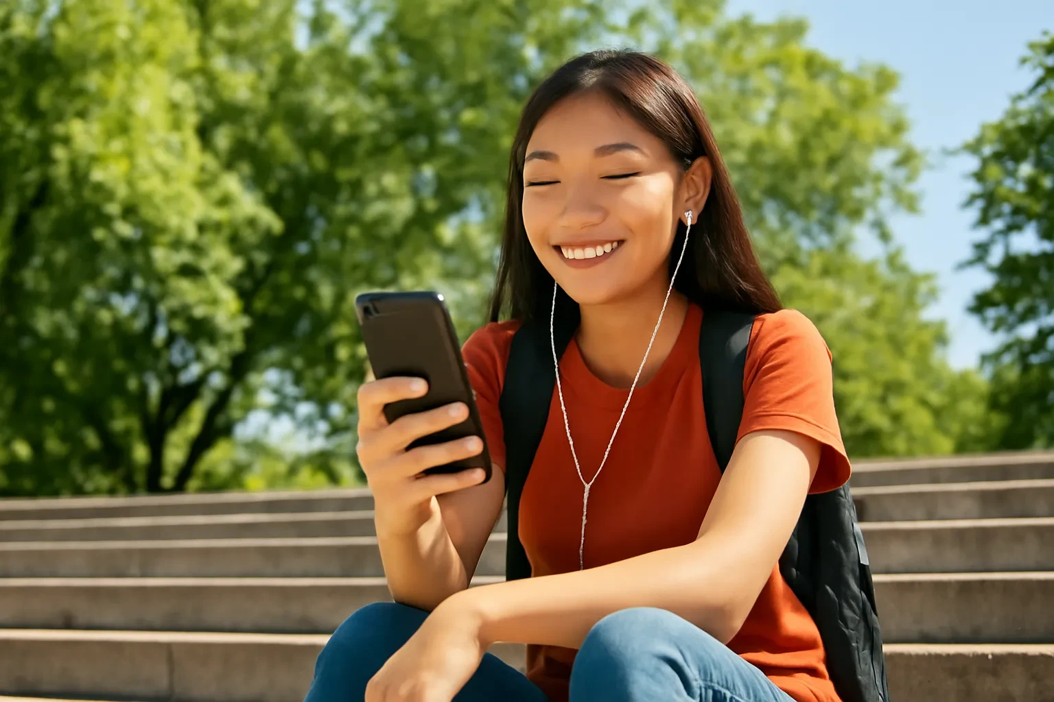 Nữ sinh viên ngồi trên bậc thềm sân trường, đeo tai nghe học trên điện thoại