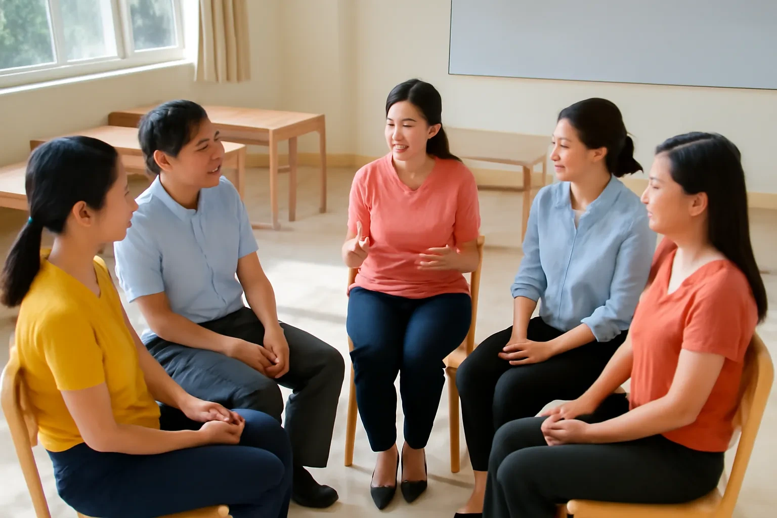 Năm giáo viên tiểu học ngồi thành vòng tròn trong phòng họp, trao đổi ý kiến